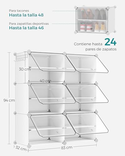 Miniatura 3 de Songmics Mueble Zapatero, 6 Compartimentos, Modular, Estantería, 30 X 40 X 30 Cm Cada Cubo, Con Puerta, Marco De Acero, Paneles De Plástico, Blanco Lpc033w01