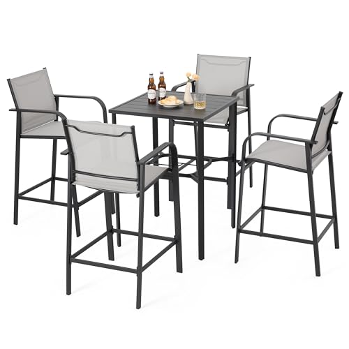 NUU GARDEN 5 Piece Outdoor Patio Bar Set, Textilene High Bar Stools, Square Bar Table with Slatted Tabletop and Umbrella Hole for Patio, Garden, Sunroom, Backyard and Balcony, Light Gray and Black