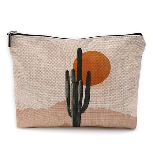Yomisex Boho Western Cactus Desert Sun Makeup Bag, Western Boho Cosmetic Bags Toiletry Bag, Mid Century Southwestern Nature Landscape Makeup Pouch