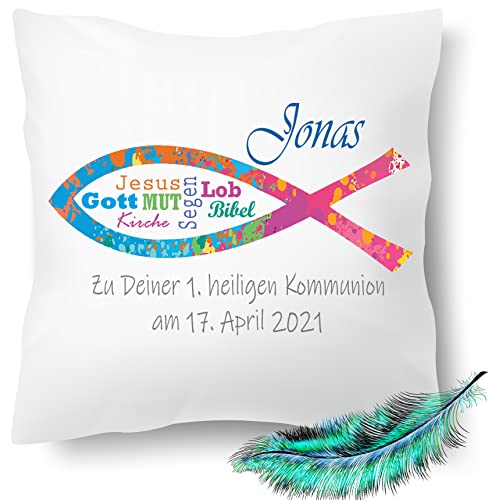Print Deluxe Kommunion Geschenk, bedrucktes Kissen personalisiert mit Namen und Datum | Kirchliches Fisch Symbole |Geschenk Idee,Dekokissen | Kuschelkissen 40X40 Bedruckt(mit Kissenfüllung, Bunt)