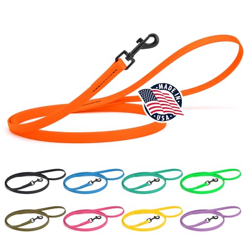 Dogline Biothane Waterproof Dog Leash 2/4/6 Ft Strong Coated Nylon Webbing with Black Hardware Odor-Proof Easy to Clean High Performance for Small or Large Dogs Made in USA Hunter Orange