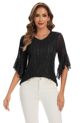 Women's 3/4 Sleeve Tops Sparkly Dressy V Neck Blouse Glitter Evening Party Shirts4