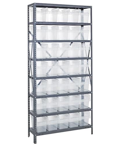 Quantum 1875-SB804CL Heavy Duty Shelving Unit with (8) Shelves and (35) SSB804 Clear Bins for Industrial Warehouse Storage Distribution | 400 lbs Capacity | 18"D x 36"L x 75"H, Galvanized Carbon Steel
