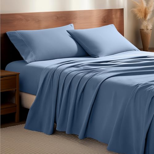 Bare Home Flannel Sheet Set 100% Cotton, Velvety Soft Heavyweight - Double Brushed Flannel - Deep Pocket, 4 pieces(King, Coronet Blue)