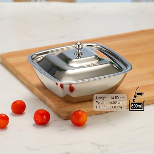 Image of Sumeet Stainless Steel Square Serving Bowl /Curry Bowl /Gravy Pot with lid, 600ml capacity, 14.5cm Dia, Set of 2 Pcs, Silver