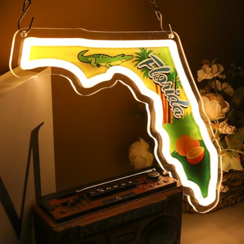 Image of Florida Map Neon Sign, Dimmable Florida LED Neon Light, Tropical Palm Tree Light Up Sign, USB Powered Wall Decor for Bedroom, Living Room, Bar, Party, Home Aesthetic Wall Art Decoration
