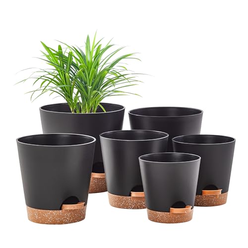 FaithLand 6-Pack Black Self Watering Planter Pots for Indoor Outdoor