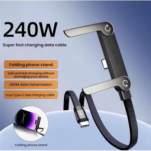 Image of 240W USB-C to USB-C Holder Charging Cable with Foldable Adjustable Metal Phone Stand, 4.9 FT Fast Charging Cable, 360 Rotating Invisible Desk Holder for Gaming, Office, Home & Video Calls