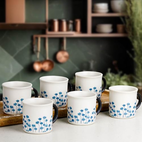 Image of The Earth Store Blue Flower Tea Cup Set of 6, 150 ML Each, Microwave and Dishwasher Safe Coffee Cups | Cup Set for Tea | Tea /chai Cups for Gifting, Home & Office Use, Every Occasion