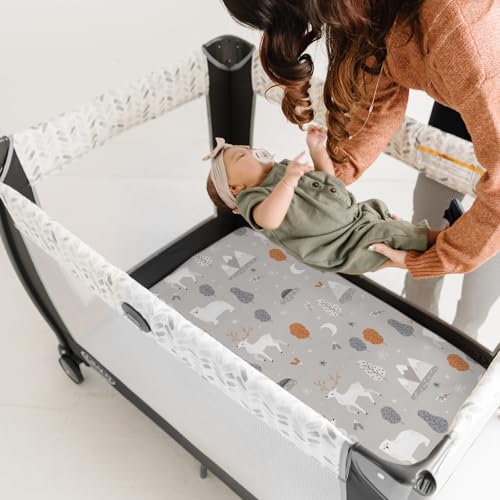 Image of Pack n Play Sheets, BROLEX 2 Pack Mini Crib Sheets,Stretchy Portable Fitted Playard Sheet Set, Convertible Playard Mattress Cover,Ultra Soft Breathable Material,Snowy Forest