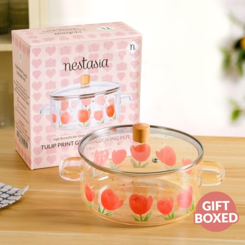 Image of Nestasia Glass Cooking Pot with Lid on Gas Stove (2.5L) - Tulip Printed Glass Casserole with Steam Vent for Cooking | Microwave & Dishwasher Safe, Lightweight & Durable Borosilicate Cookware