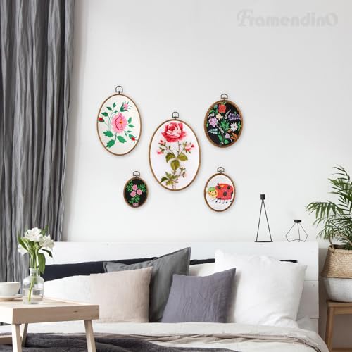 Image of Framendino, 5 Pack Embroidery Hoops 5 Sizes Imitated Wood Display Frame Oval Cross Stitch Ring for Hanging Ornaments
