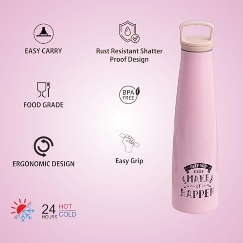 Image of Clay Craft Vacbott Sleeko Double Walled 24 Hours Hot And Cold Water Bottle-700Ml, 2-Piece(Peppy Pink) Leak Proof|Easy To Carry|Gym Bottle|Kitchen|Hiking|Travel Bottle|Bis Certified|Made In India