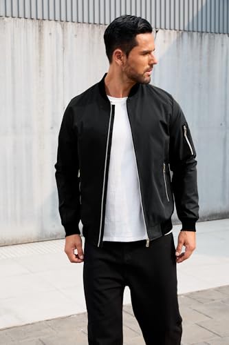 Image of QTE Black Bomber Jacket for Men Lightweight Casual Baseball collar jacket Coat Spring Fall Windbreaker Zip Up Coat with Pocket