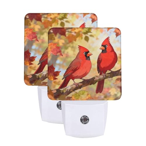 Image of Fall Maple Night Light Set of 2, Red Birds Auto Sensor LED Dusk-to-Dawn Nightlights, Plug-in Sensor Lamp for Bedroom Bathroom Kitchen Hallway Stairs Decorative