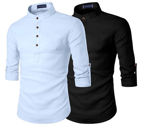 Image of Zombom Men's Combo Cotton Polyester Blend Solid Full Sleeve Straight Regular Fit Mandarin /Chinese Collor Kurta (Pack of 2)