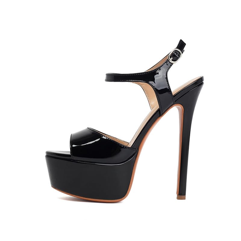 Veelau Meieer Plateau Sandalen Stiletto High Heels Damenschuhe mit Verstellbarem Knöchelriemen Sexy Sandaletten Schwarz 45 EU