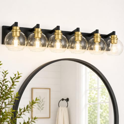 Image of 6-Light Black and Gold Bathroom Vanity Light Over Mirror, VL195-KG-6 | 38 Inch Modern Wall Sconces, Globe Clear Glass Shade, Bathroom Light Fixtures