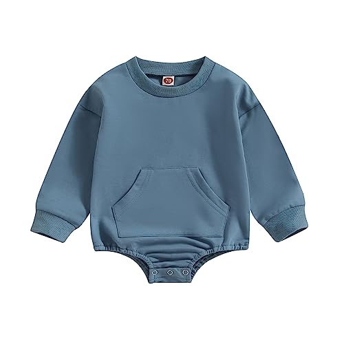 Image of Hoanselay Newborn Infant Baby Boy Girl Basic Plain Pocket Long Sleeve Romper Bodysuit Tops Solid Fall Outfit Clothes