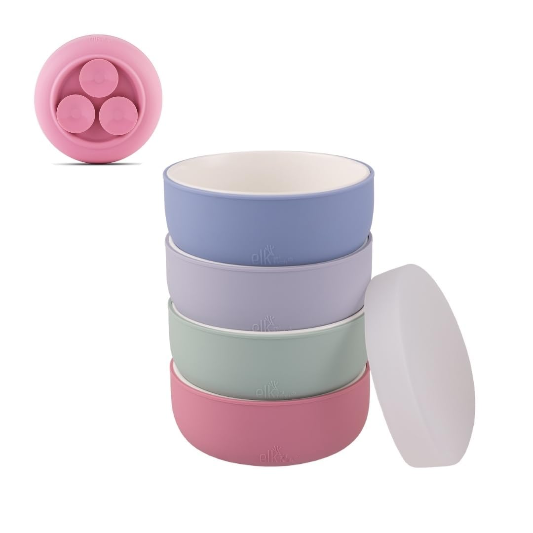 Elk and Friends Kids Porcelain Bowls with Silicone Suction Sleeve + Silicone Lid | Kids/Toddler/Baby Feeding | Microwave & Dishwasher Safe | Non slip | Cereal/Soup/Snack Dishes & Dinnerware