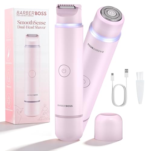 BarberBoss Rasoir 2 en 1 pour femme, kit d'épilation bikini et du visage, tondeuse double tête pour le visage et le corps avec lumière de précision (Rose)
