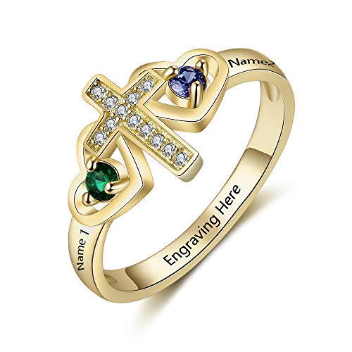 FenFang Personalized Mothers Cross Rings for Women with 2 Simulate Birthstones Cross Name Rings Promise Name Rings for Mothers Day (7)