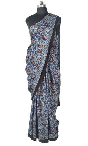 Image of Ethnics of Kutch Womenss Ajrakh Modal Silk Natural Dye Hand Block Print Saree with Blouse Piece - 5.5 Mtr Length
