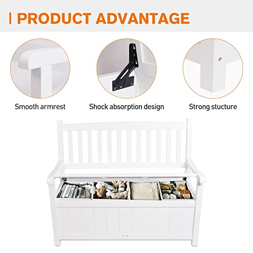 Outdoor Storage Bench Loveseat Deck Box Bench With Arm Back Patio Furniture 2-Seat Container Solid Wood For Garden Tools & Pool Toys Deck Storage Bench For Patio Garden Storage Porch White 450Lbs #TOP5
