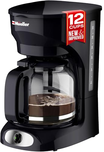 Mueller 12-Cup Drip Coffee Maker - Borosilicate Carafe, Auto-Off, Reusable Filter, Anti-Drip, Keep-Warm Function, Clear Water Level Window Coffee Machine, Kitchen Essentials & Accessories