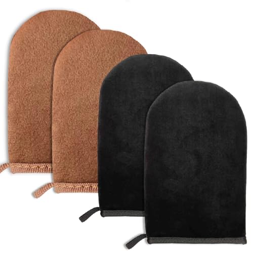 Guante Autobronceador Corporal,4 Piezas Autobronceadores Lavables Efecto Uniforme Guantes de Bronceado Reutilizables de Doble Cara,Crema o Protector Solar Guantes Aplicadores para Tomar el Sol
