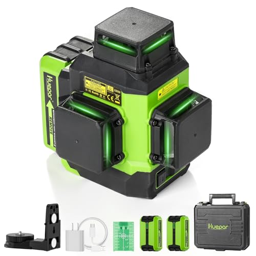 Niveau laser 360 autonivelant, Huepar 3x360 niveau laser 12 lignes vert 3D Croisé Lignes Laser d'extérieur rechargeable acev impulsion mode, 2 Batteries Li-ion, Support Magnétique, Transport Rigide