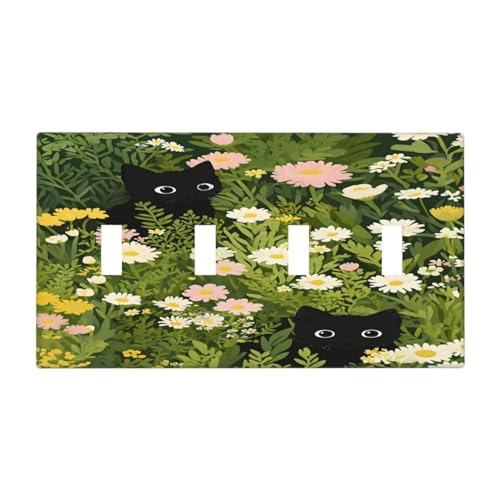Decorative Switch Covers Plate Funny Cute Black Cat Colorful Flower Green Plant 4 Gang Wall Plate Oversized Quad Toggle Light Switch Plate Jumbo Faceplate for Bedroom Home Decor