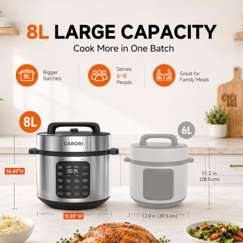 Image of CARORI 8Qt,9-in-1,1200W Electric Pressure Canner, IMD Touchscreen, Non-Stick Pot. Quick, Time-Saving, Healthy. Olla de Presion (Ollas). Safe Venting.Rice,Slow,Steamer, Saute, Warmer, Silver