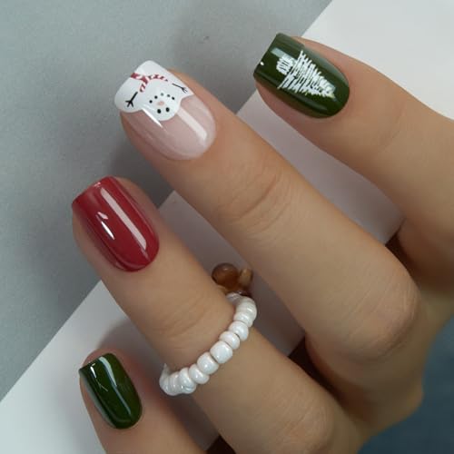 CurvLife Short Square Christmas Press On Nails, Holiday Trees Red, Soft Gel