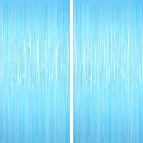 Image of Macaron Light Blue Tinsel Backdrop Foil Fringe Curtains, 2Pack Fringe Backdrop for Birthday Door Decorations, Wedding Baby Shower, Party Supplies for Bachelorette, Graduation, Christmas, Disco Decor