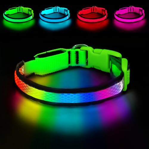 PWOD LED Dog Collar, Light Up Dog Collar USB Rechargeable, Nylon Adjustable Comfortable Soft Bright RGB 7 Colors Changeing Safety Light Glowing Collar for Medium and Large Dogs(Large,Green)