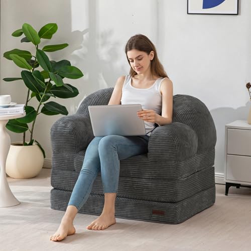Image of MAXYOYO Folding Sofa Bed, Floral-Shaped Convertible Floor Sofa Couch with Backrest, 2 in 1 Comfy Lounger Bean Bag Chair with Handle, Floor Single Couch for Living Room Bedroom, Dark Grey