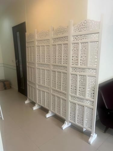 Image of Wooden Room Divider 6 Feet, 4-Panel Folding Wooden Partition for Living Room, Office, Pooja Room, Restaurant, Kitchen & Balcony (2W x 1.82H Meters). (White-Floral Pattern)