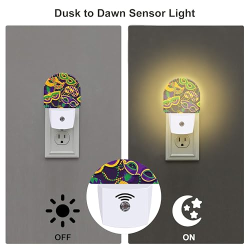 Image of Happy Mardi Gras Night Light for Kids,Colorful Carnival Masks and Beads Plug in Night Light with Dusk to Dawn Sensor, 0.5w Energy Saving Nightlight for Hallway Stairway Kitchen Bedroom