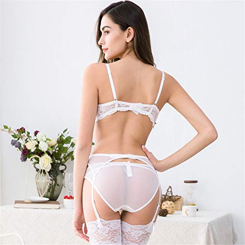 Women Push Up Bras Set Lace Lingerie Bra Panties Garter Stocking 4pcs/lot (V701DD,White, 38C)