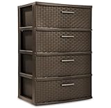 4-Tier Wide Weave Storage Tower with Plastic Décor Drawers with Easy-Grip Pulls, Plastic Drawer Storage Tower, For Bedroom, Kitchen & Dorm, Espresso