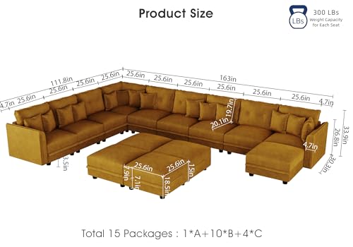 Image of LLappuil 14-Seat Modular Sectional Sofa with Storage, 163 inch Oversized U-Shaped Corduroy Couch with 10 Throw Pillows, Pet-Friendly Convertible Pit Sofa for Large Spaces, Skin-Friendly, Yellow