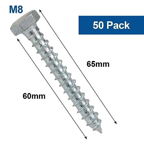 SENENQU 50pcs M8 x 60mm Coach Screws, Zinc Plated Hex Lag Bolts, Self-Tapping Wood Screws Coach Bolts for Wall Fixing Mounting - Image 2