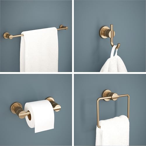 Image of Delta 4-Piece Champagne Bronze Bathroom Set Towel Rack, Ring, Toilet Paper Holder, Hook | Nicoli Bath Accessories