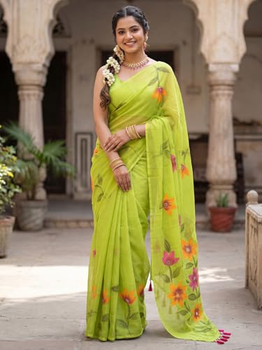 Image of AKHILAM Women's Cotton Saree with White Daisy Floral Prints Tassel Pallu Lightweight Summer Saree