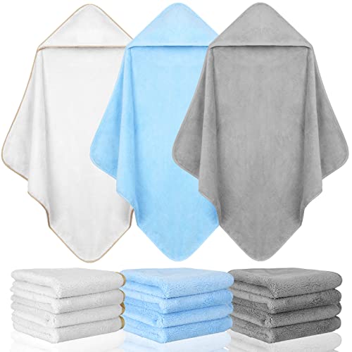 Image of Moukeren 15 Pcs Muslin Hooded Baby Bath Towel and Washcloths Set Includes 3 Pack Newborn Hooded Towels and 12 Pack Washcloths Absorbent Coral Fleece for Baby Toddler Boy Girl Infant Essentials Gift