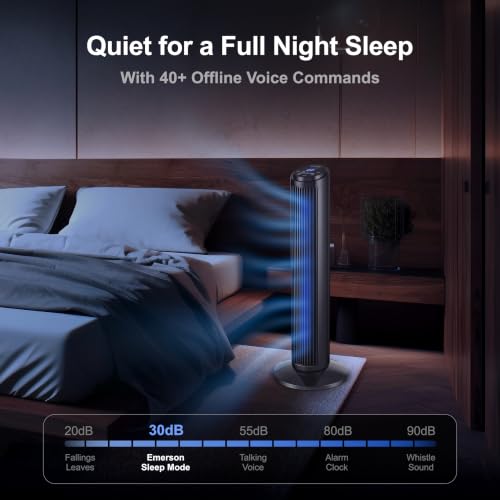 Image of Emerson SmartVoice 29 inch Tower Fan, Wi-Fi Free Voice Control, Smart Tower Fan for Bedroom, 70 Oscillating, 3 Wind Speeds, 15-Hr Timer, Sleep Mode & Remote Control