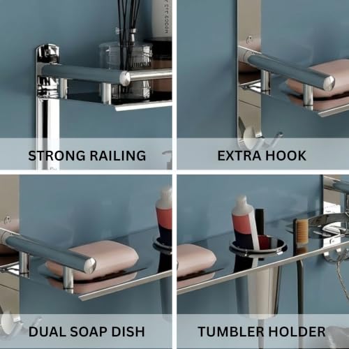 Image of GLOXY Premium 3 Layer Bathroom Shelves Rack - Wall Mount Chrome Finish Stainless Steel Bathroom Shelf with Soap Dish, Toothbrush Holder & Multipurpose Hooks - 4in1 Bathroom Fittings Accessories Set