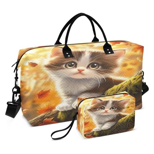 Weekender Bags Travel Duffel Gym Bag Little Cat Maple Leaf Carry on Overnight Tote Bag with Toiletry Bag for Airplane Travel Trip Gym Yoga