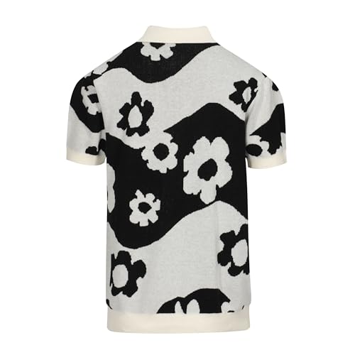 OXKNIT Men's Vintage Knitted Polo Shirt Button Down Black White Polo Short Sleeve Summer Shirt with Flower2